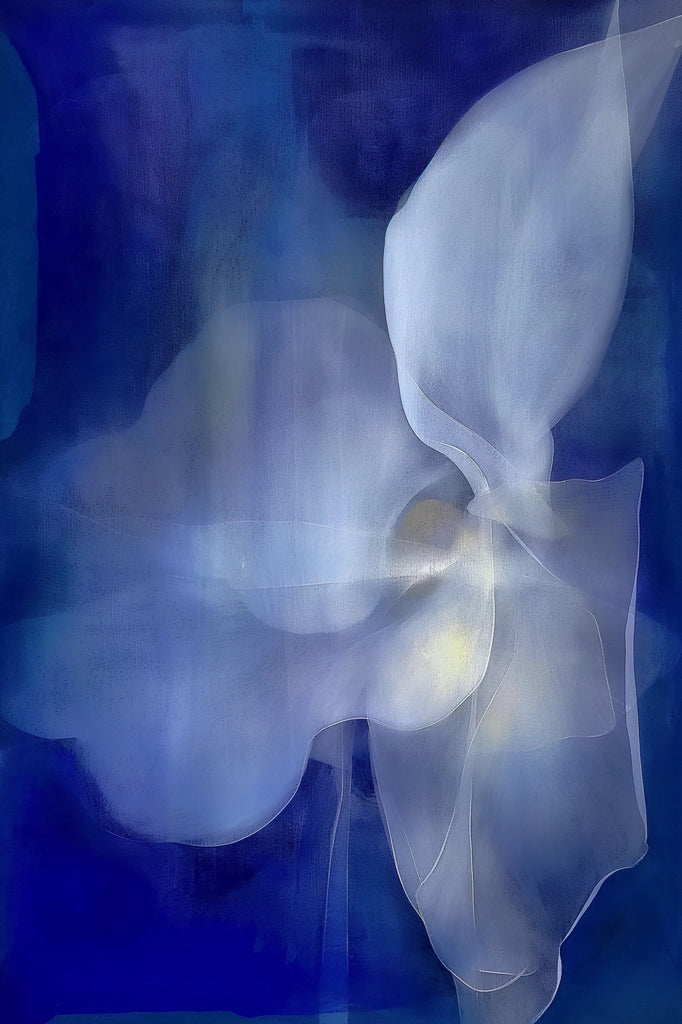 Abstract digital painting of a white floral form emerging from a deep blue background, evoking fluidity and translucence. A contemporary exploration of organic movement and ethereal textures in modern art.